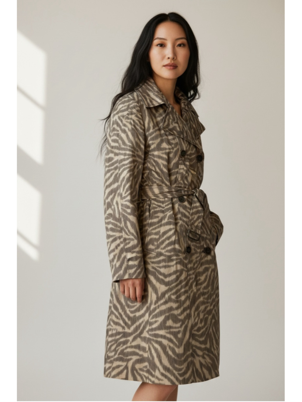 Women's Calvin Klein Trench Coat Size S Taupe Brown Zebra Print